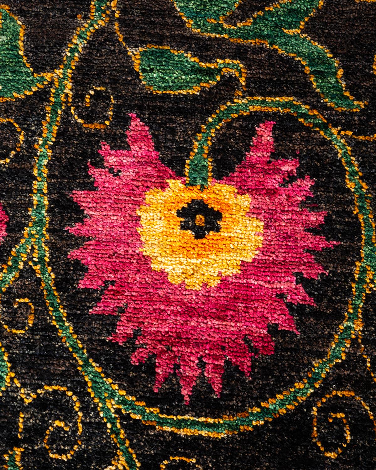Pakistani One-Of-A-Kind Hand Knotted Floral Suzani Black Area Rug 8' 4