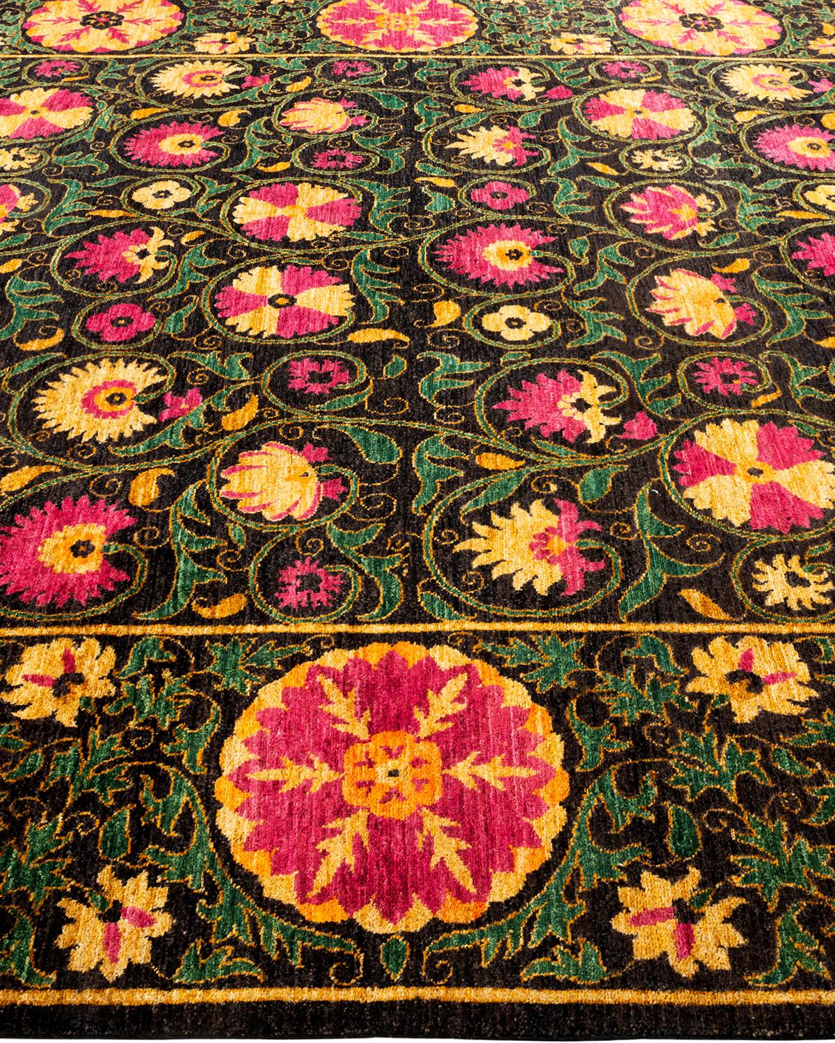 One-Of-A-Kind Hand Knotted Floral Suzani Black Area Rug 8' 4