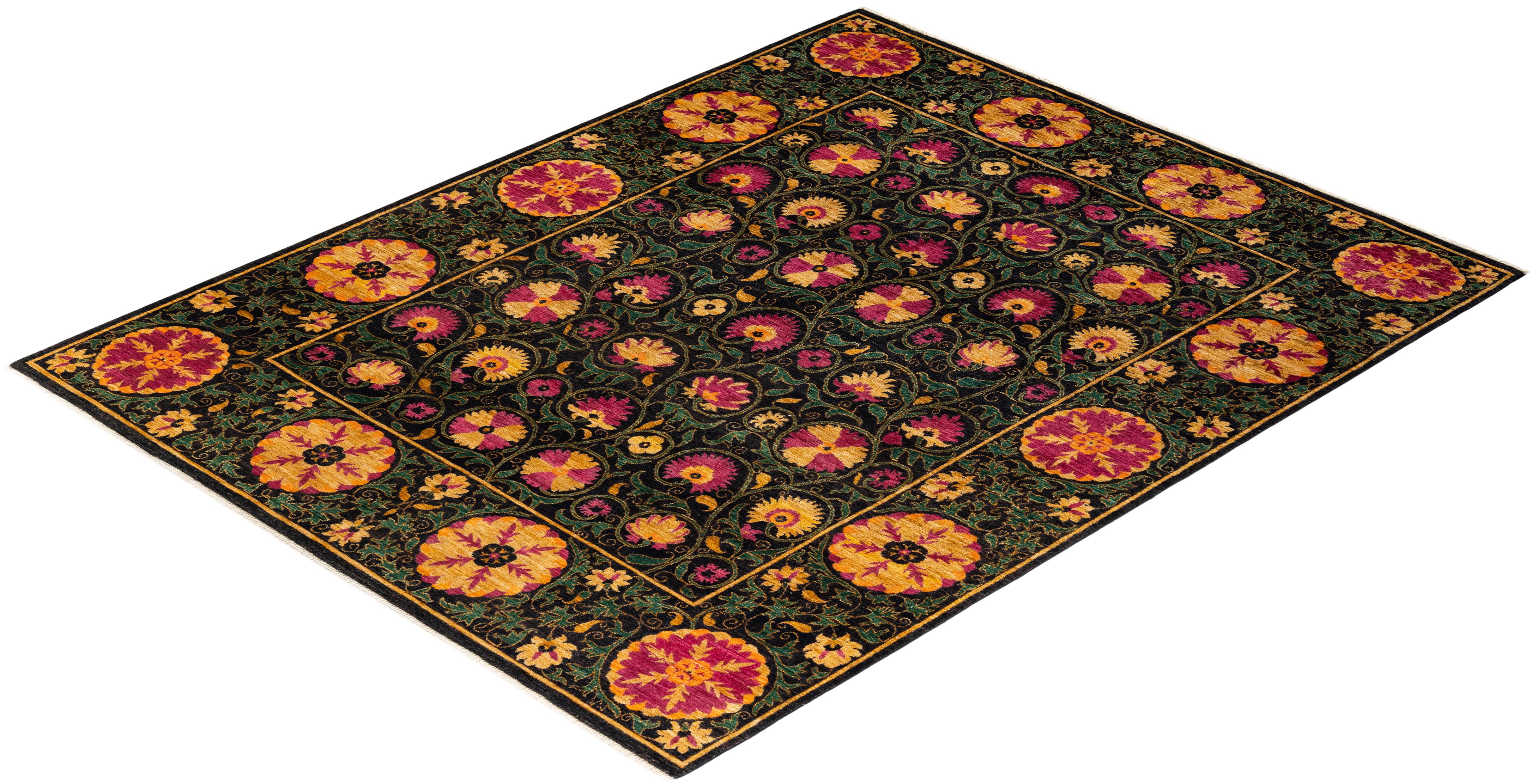 One-Of-A-Kind Hand Knotted Floral Suzani Black Area Rug 8' 4