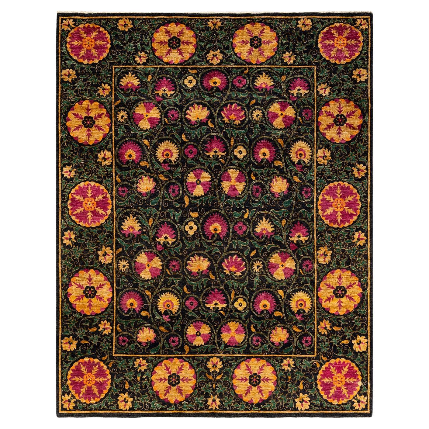 One-Of-A-Kind Hand Knotted Floral Suzani Black Area Rug 8' 4" x 10' 7" For Sale