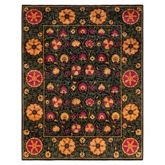 One-Of-A-Kind Hand Knotted Floral Suzani Black Area Rug 8' 4" x 10' 7"