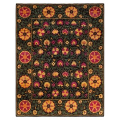 One-Of-A-Kind Hand Knotted Floral Suzani Black Area Rug 8' 4" x 10' 7"