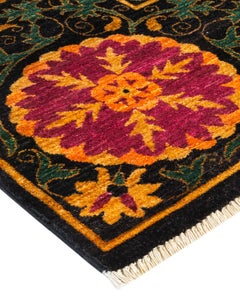 One-of-a-kind Hand Knotted Floral Suzani Black Area Rug