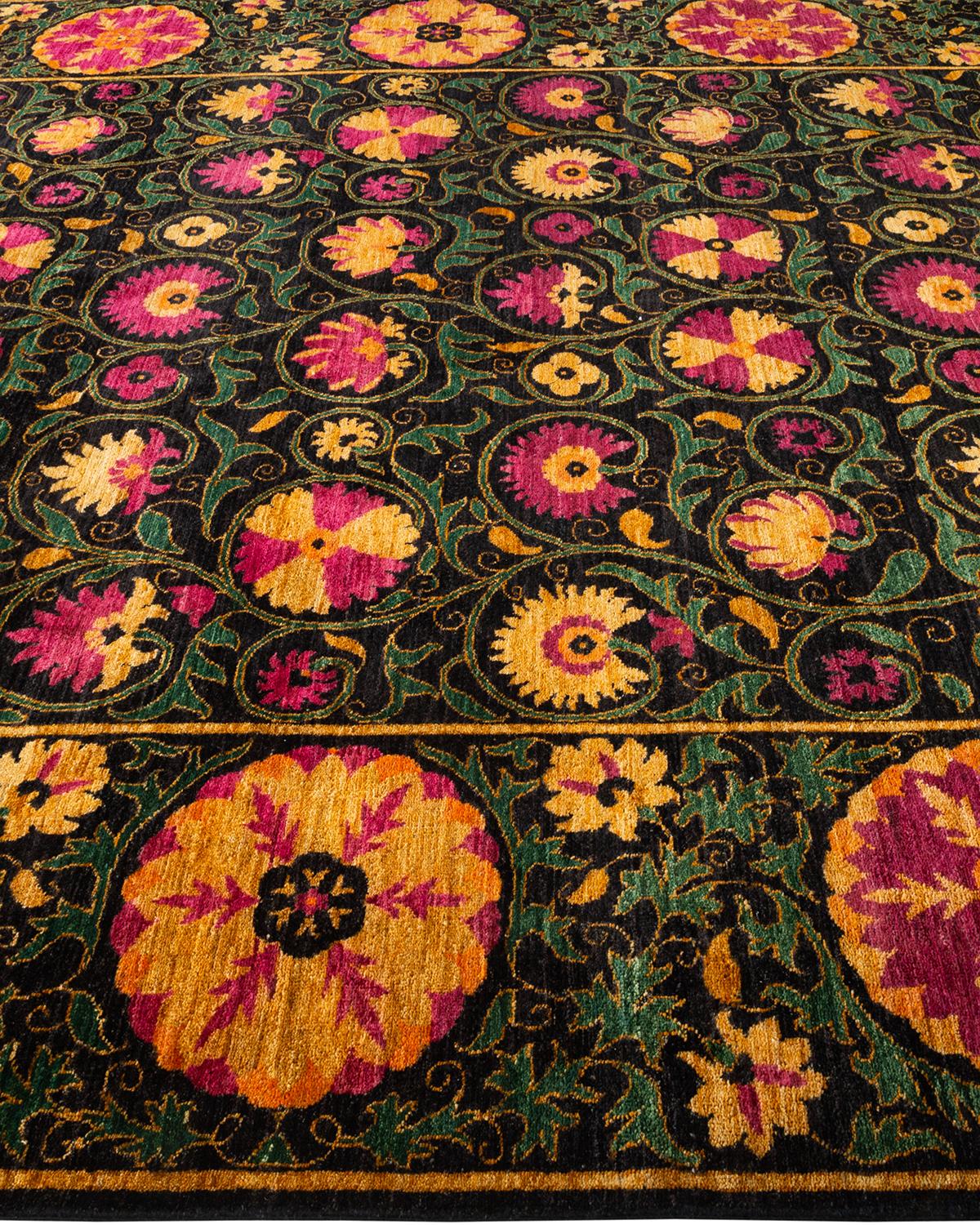 One-of-a-kind Hand Knotted Floral Suzani Black Area Rug In New Condition For Sale In Norwalk, CT