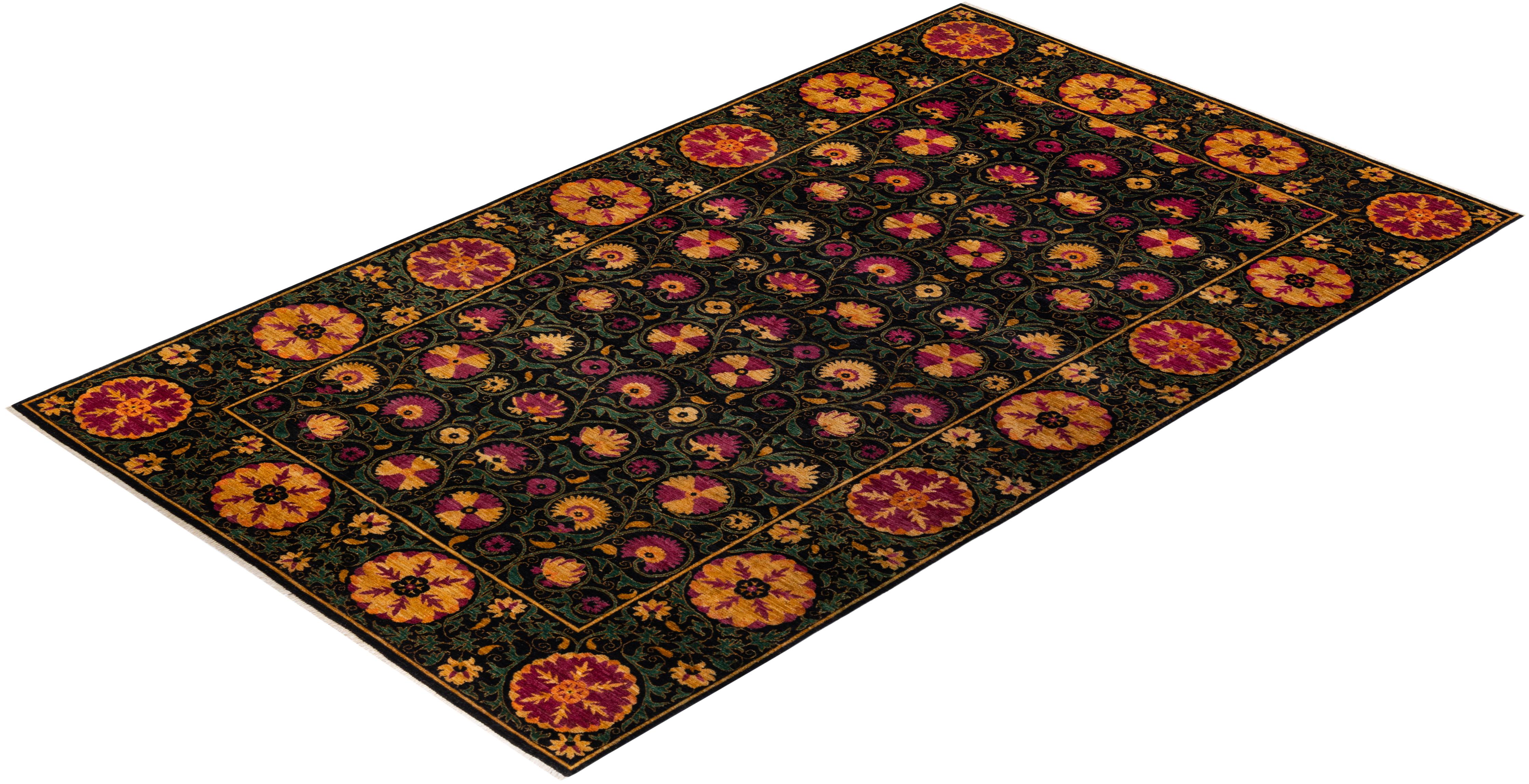 One-of-a-kind Hand Knotted Floral Suzani Black Area Rug For Sale 2