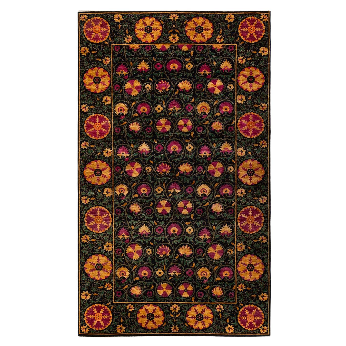 One-of-a-kind Hand Knotted Floral Suzani Black Area Rug For Sale