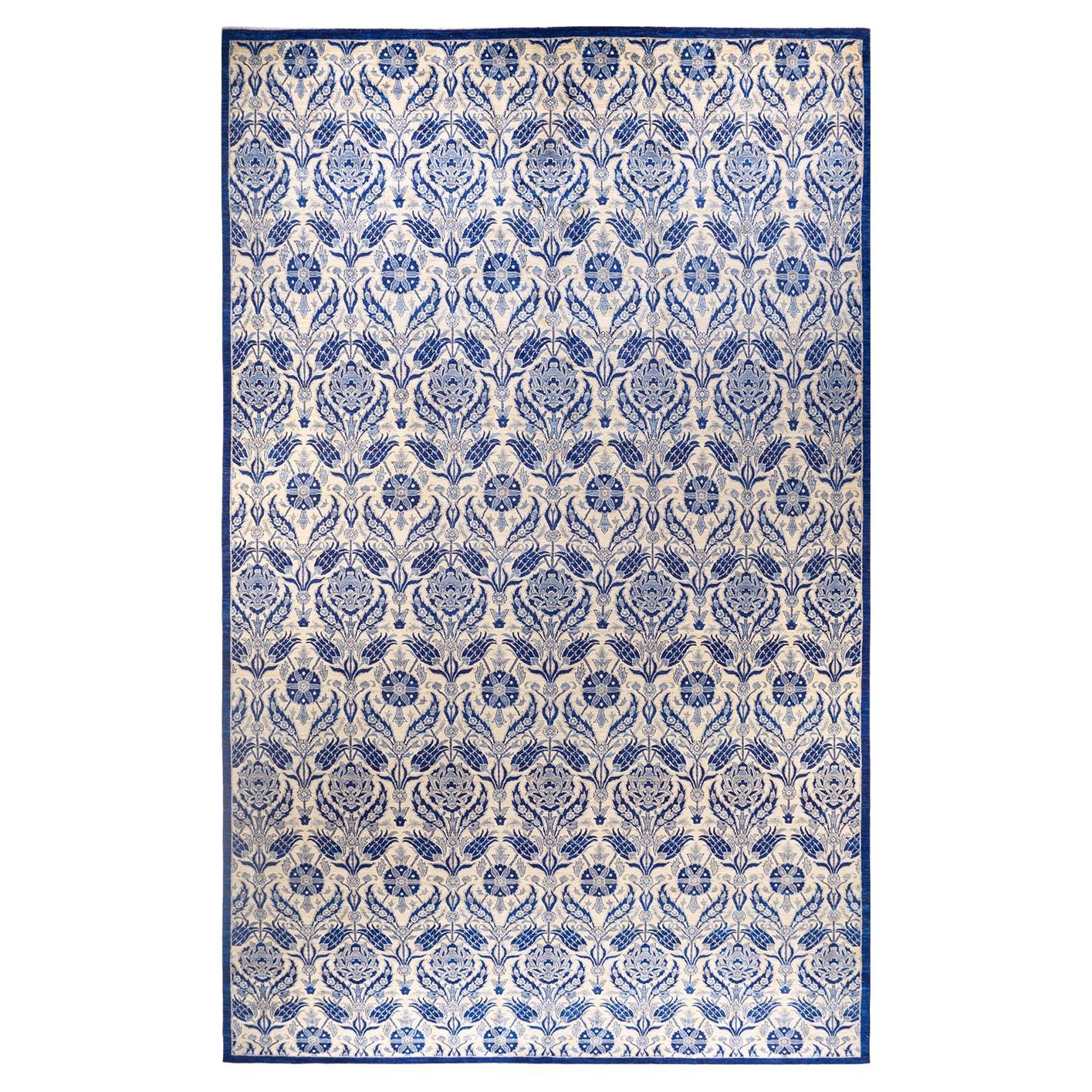 One-of-a-kind Hand Knotted Floral Suzani Blue Area Rug For Sale