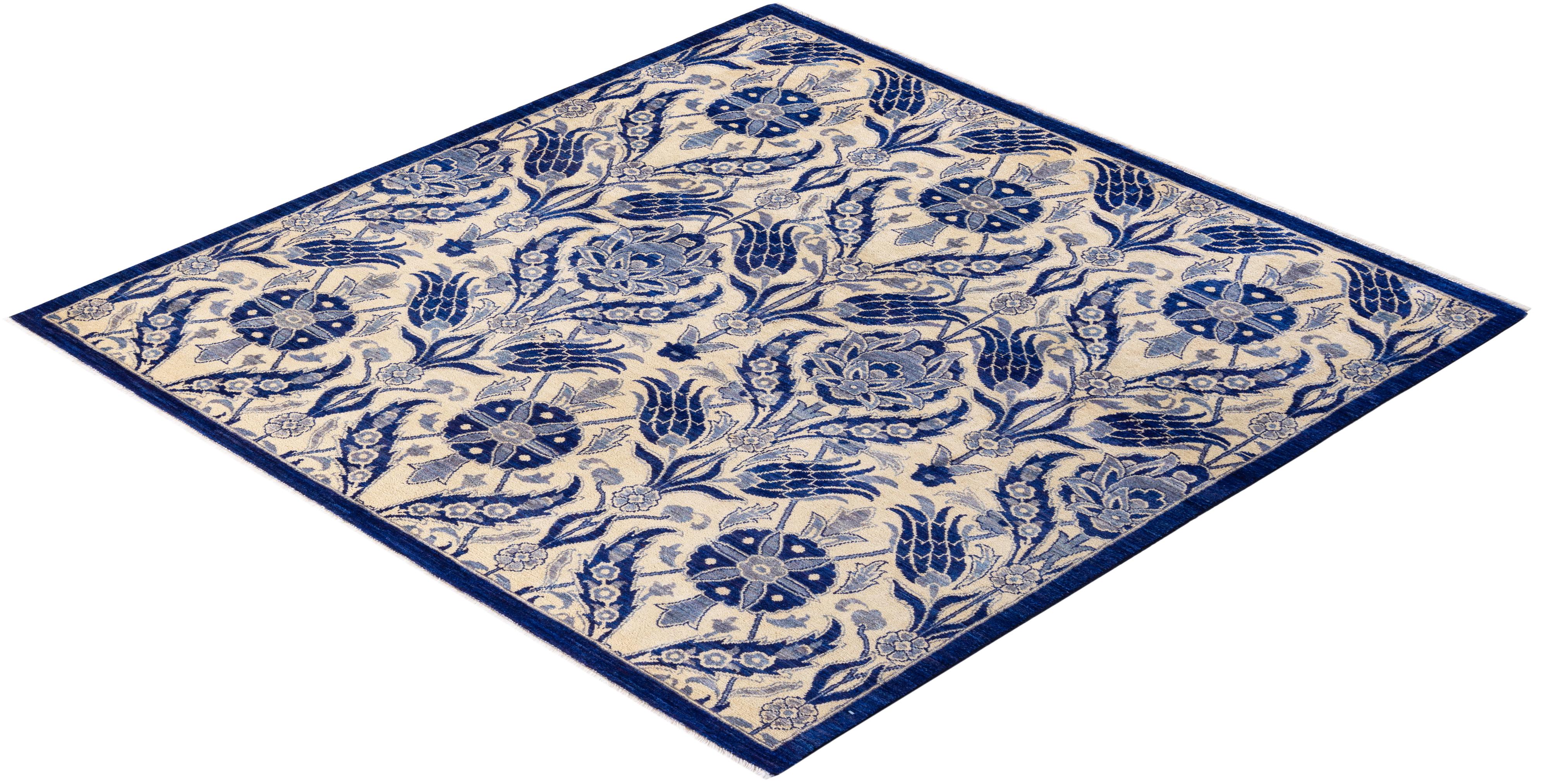 One-of-a-kind Hand Knotted Floral Suzani Blue Area Rug For Sale 2