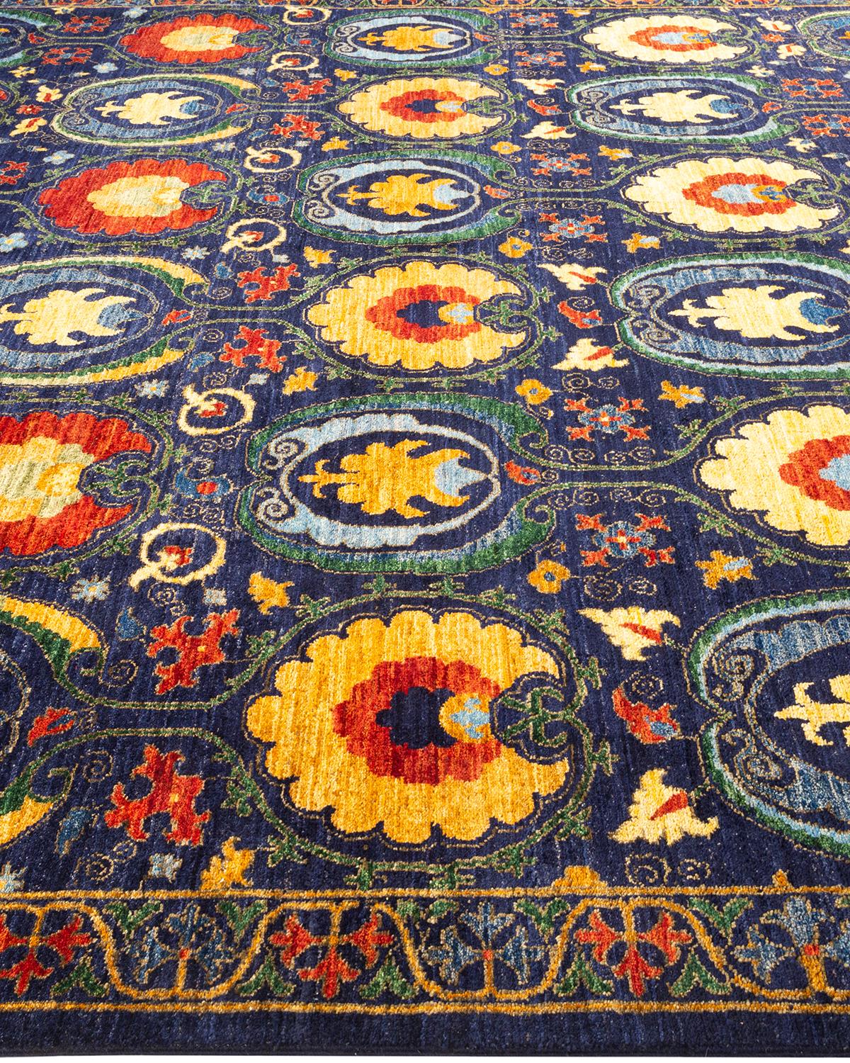 One-of-a-kind Hand Knotted Floral Suzani Blue Area Rug In New Condition For Sale In Norwalk, CT