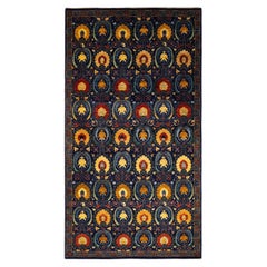 Tapis Suzani bleu à fleurs noué à la main, unique en son genre