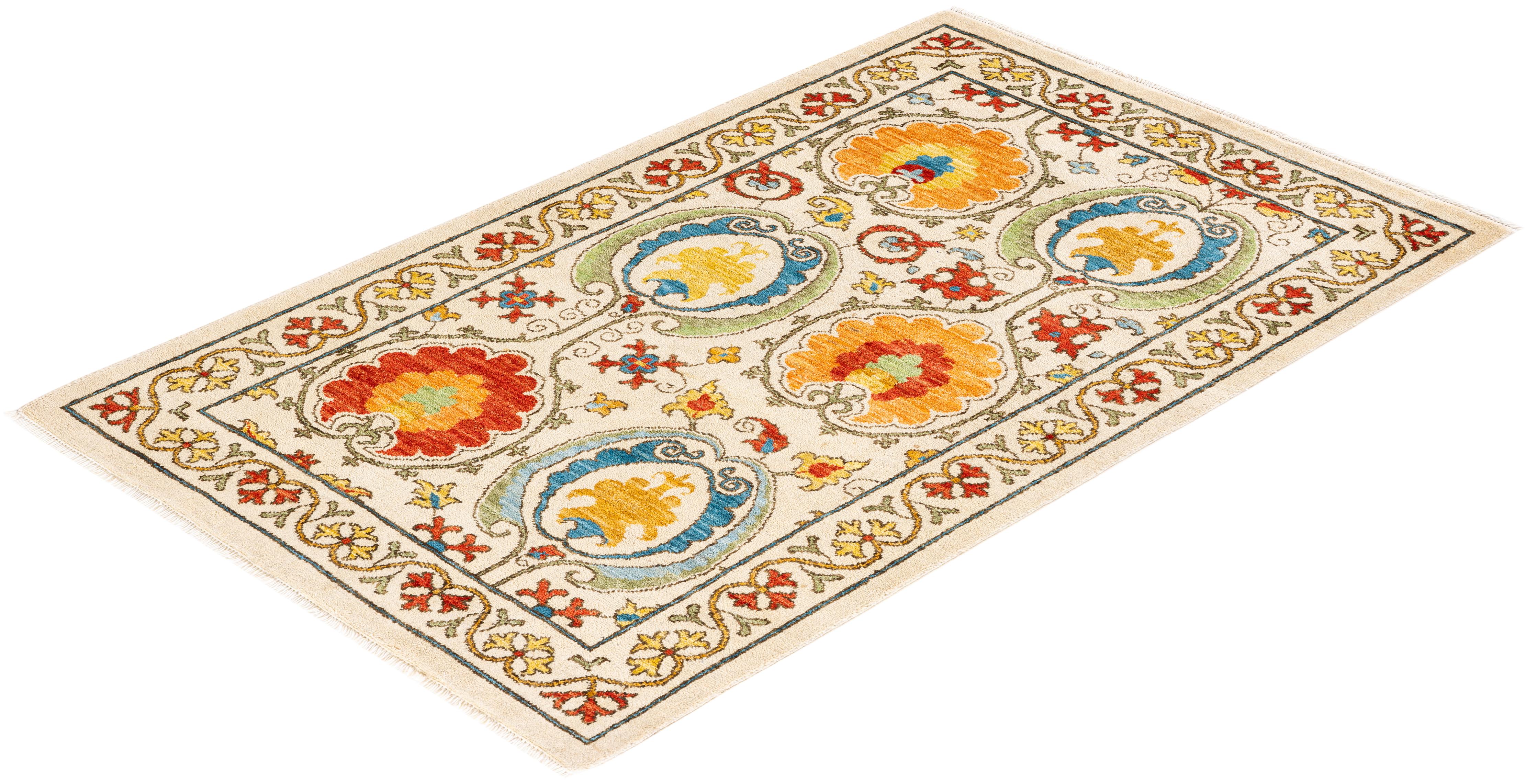 One-of-a-Kind Hand Knotted Floral Suzani Ivory Area Rug 2
