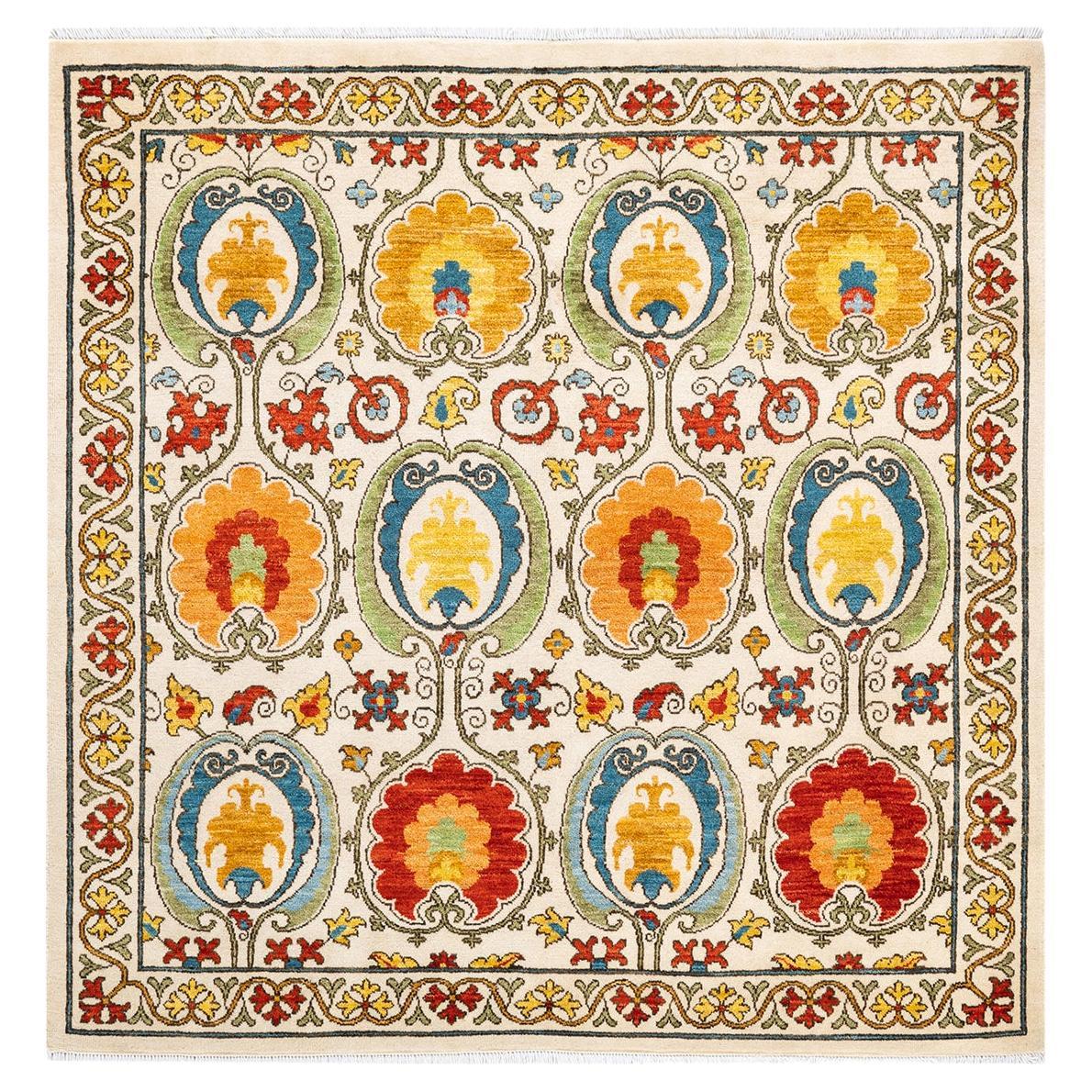 One-of-a-Kind Hand Knotted Floral Suzani Ivory Area Rug