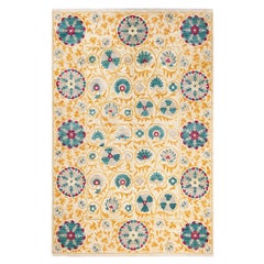 One-of-a-Kind Hand Knotted Floral Suzani Ivory Area Rug