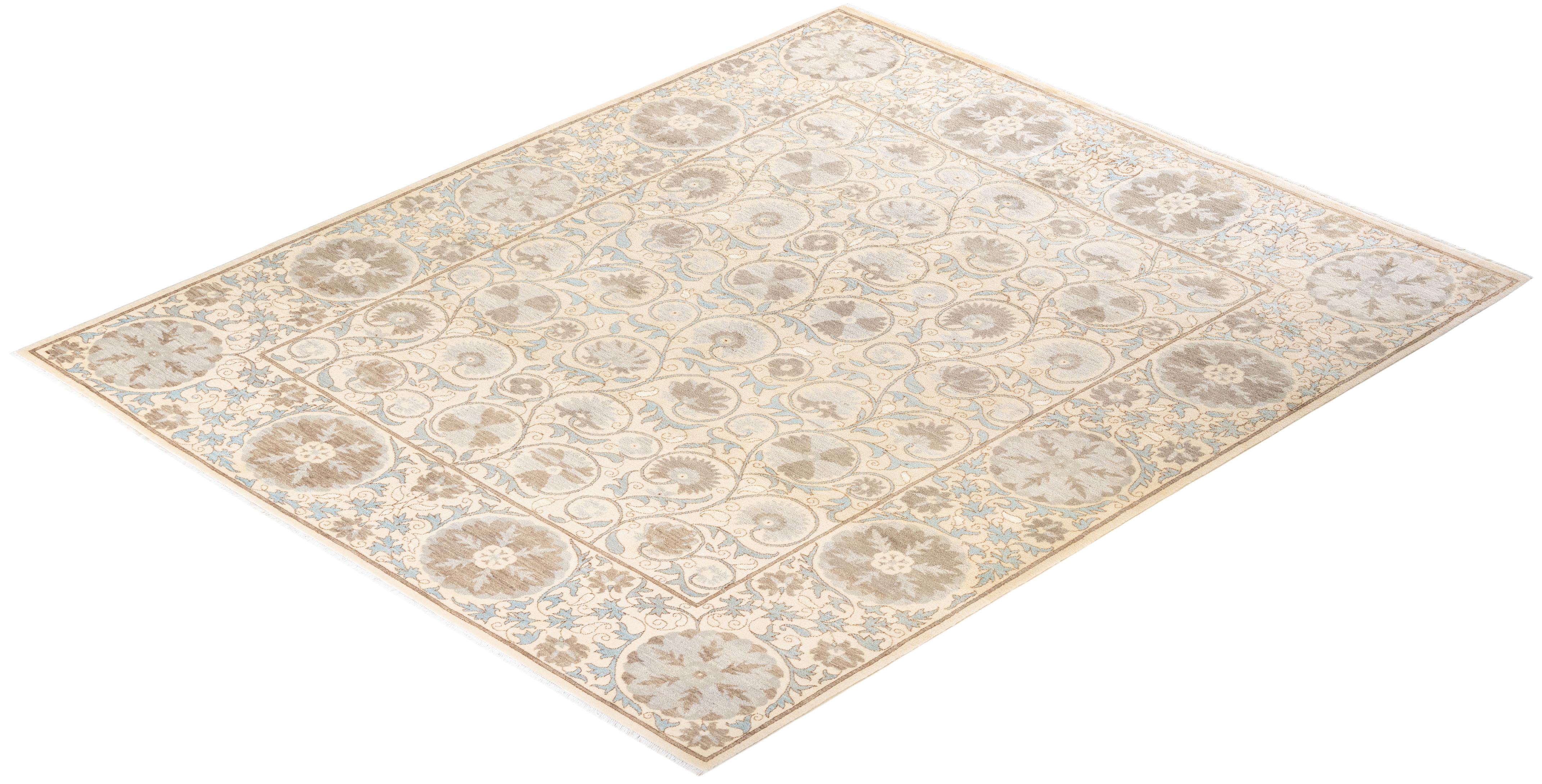 One-of-a-Kind Hand Knotted Floral Suzani Ivory Area Rug For Sale 2