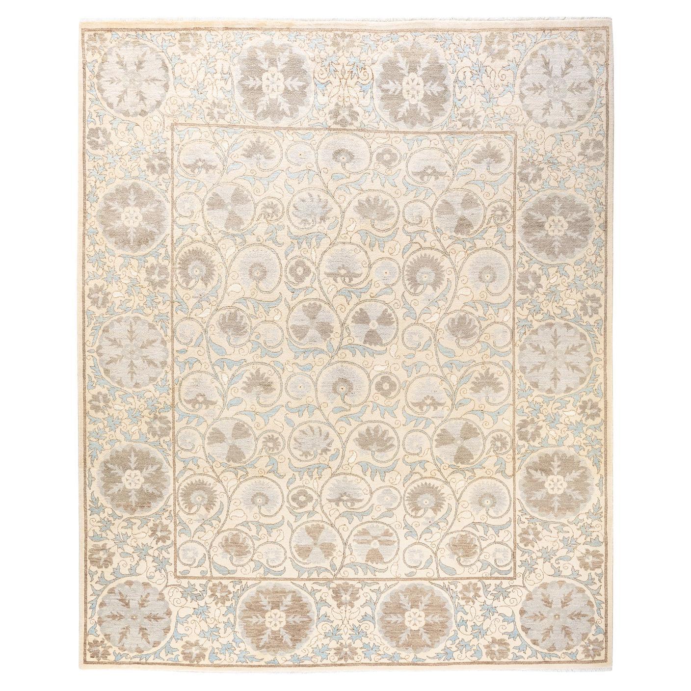 One-of-a-Kind Hand Knotted Floral Suzani Ivory Area Rug