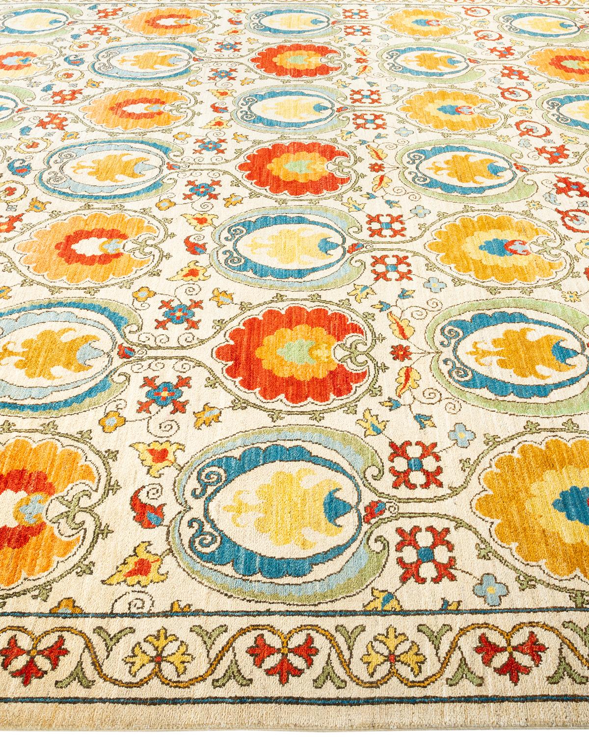 One-Of-A-Kind Hand Knotted Floral Suzani Ivory Area Rug In New Condition In Norwalk, CT