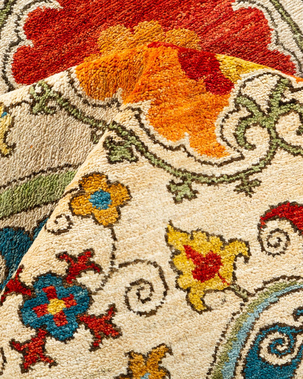 One-Of-A-Kind Hand Knotted Floral Suzani Ivory Area Rug 1