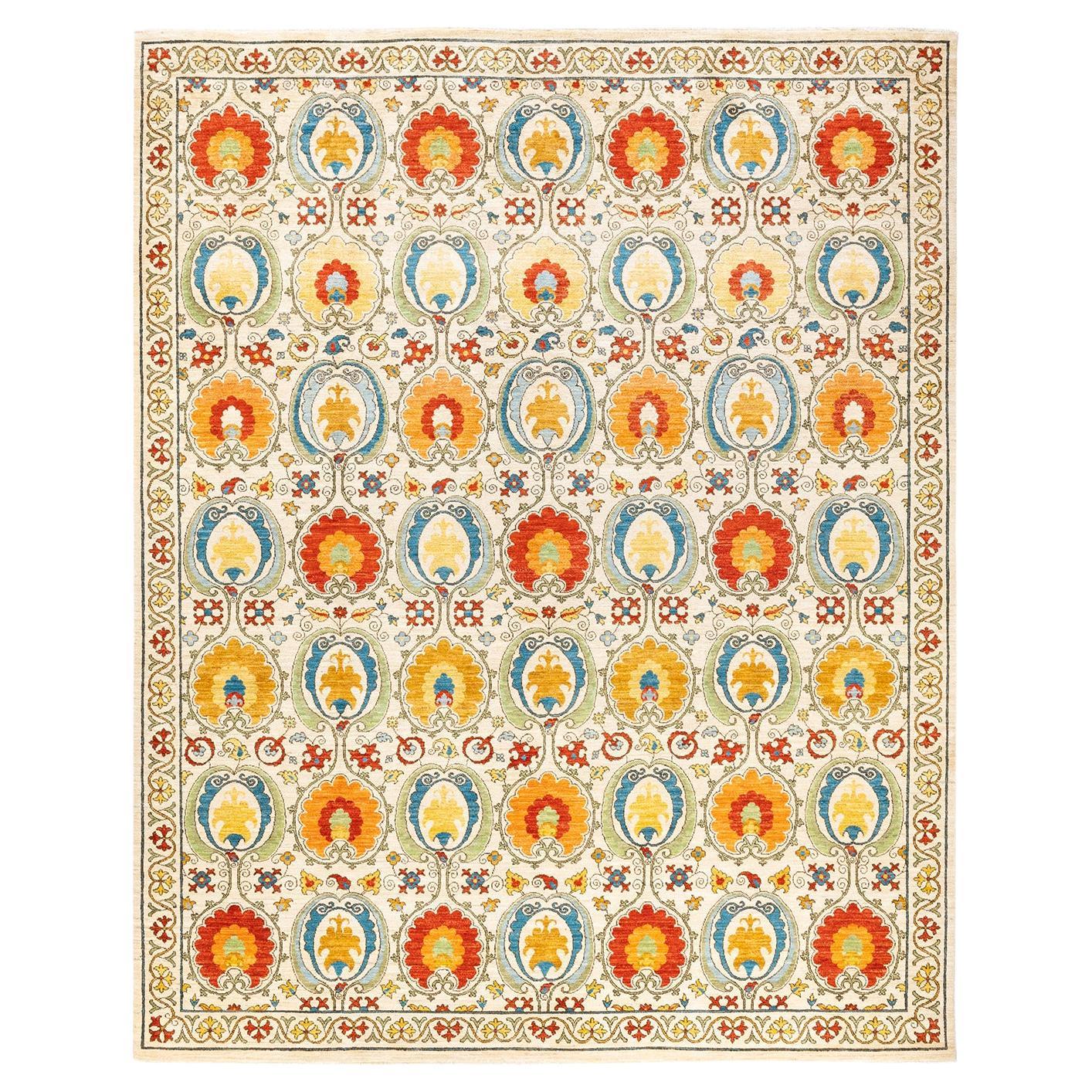 One-Of-A-Kind Hand Knotted Floral Suzani Ivory Area Rug