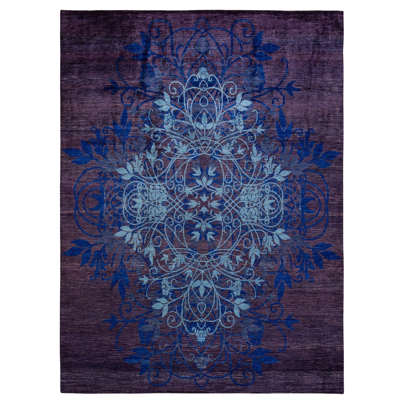 One-of-a-Kind Hand Knotted Floral Suzani Purple Area Rug For Sale