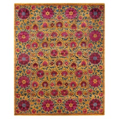One-Of-A-Kind Hand Knotted Floral Suzani Yellow Area Rug