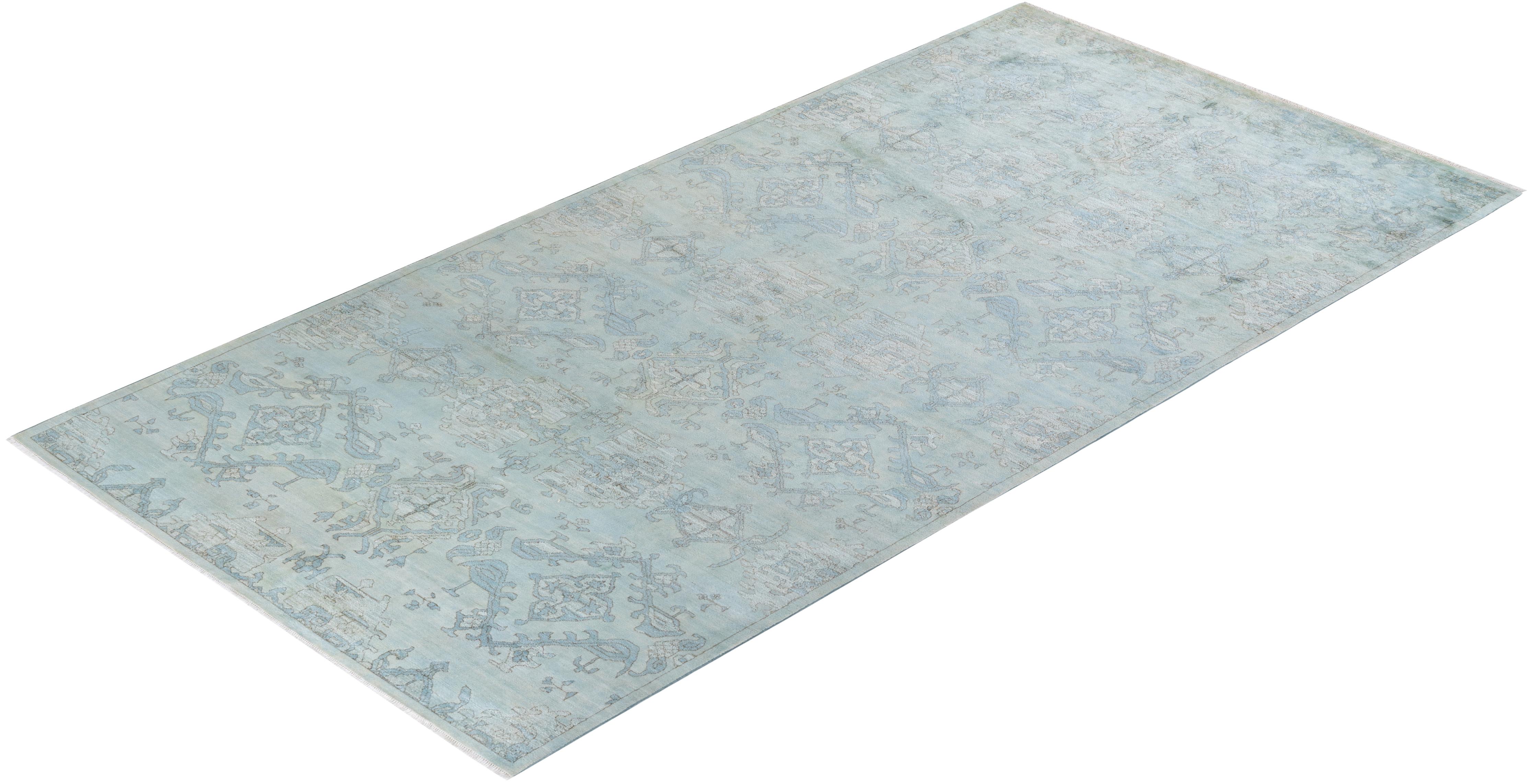 One-of-a-Kind Hand Knotted Floral Vibrance Light Blue Area Rug For Sale 2
