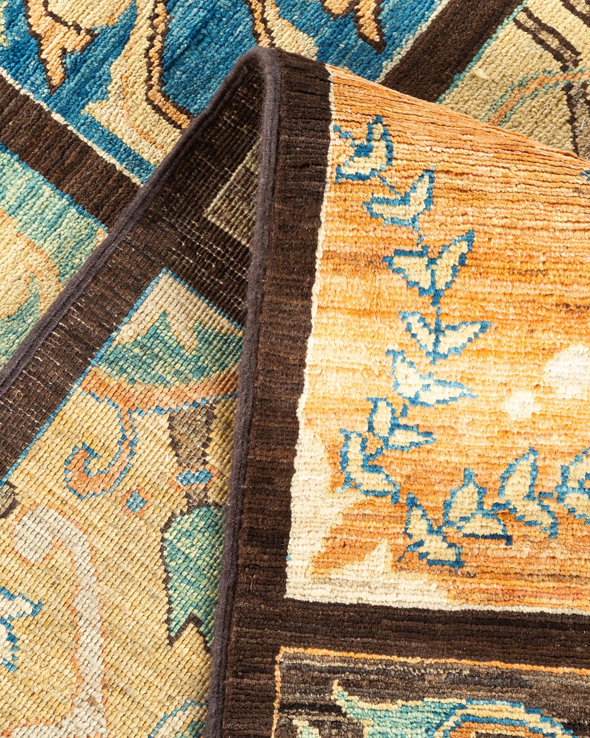 Laine Tapis marron géométrique et éclectique noué à la main, unique en son genre en vente
