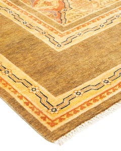One-Of-A-Kind Hand Knotted Geometric Eclectic Green Area Rug 5' 10" x 12' 1"