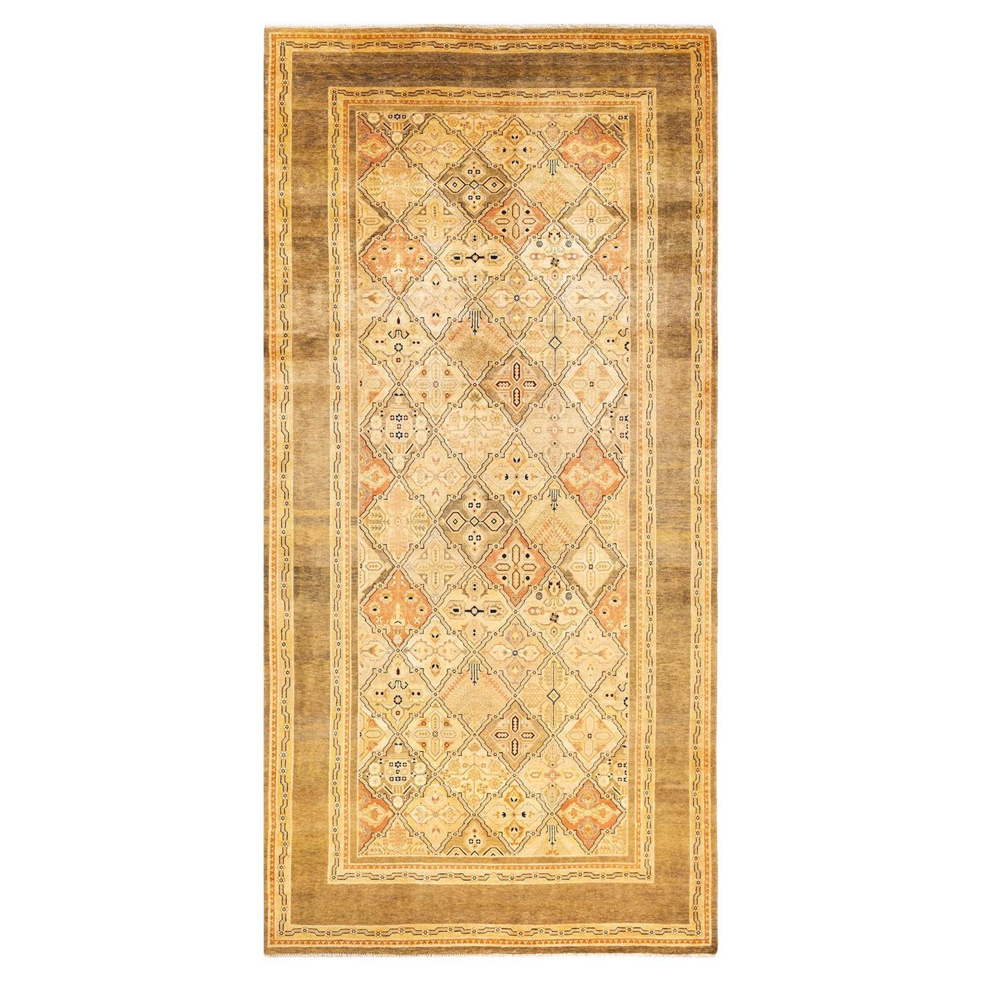 One-Of-A-Kind Hand Knotted Geometric Eclectic Green Area Rug 5' 10" x 12' 1" For Sale