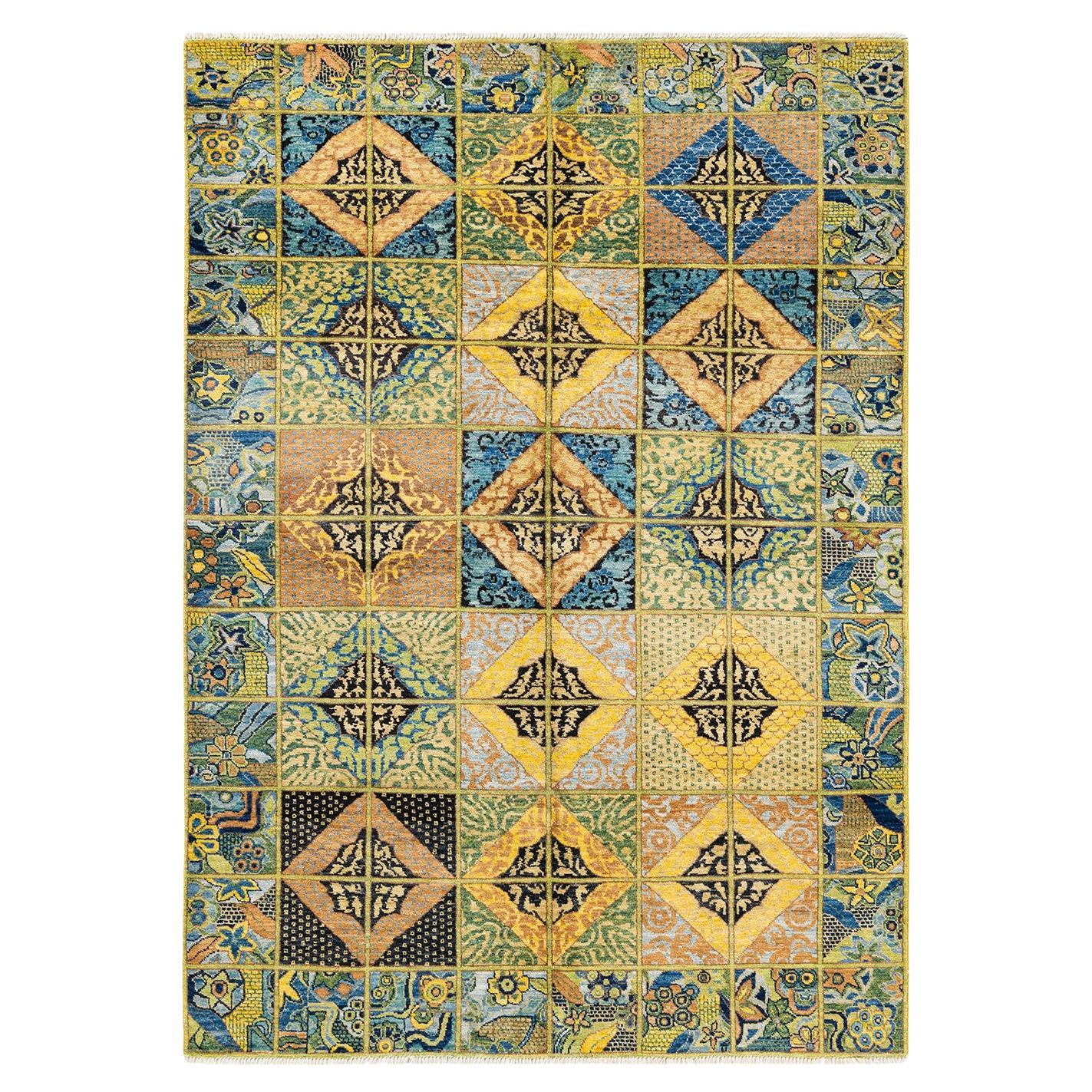 One-Of-A-Kind Hand Knotted Geometric Eclectic Green Area Rug For Sale