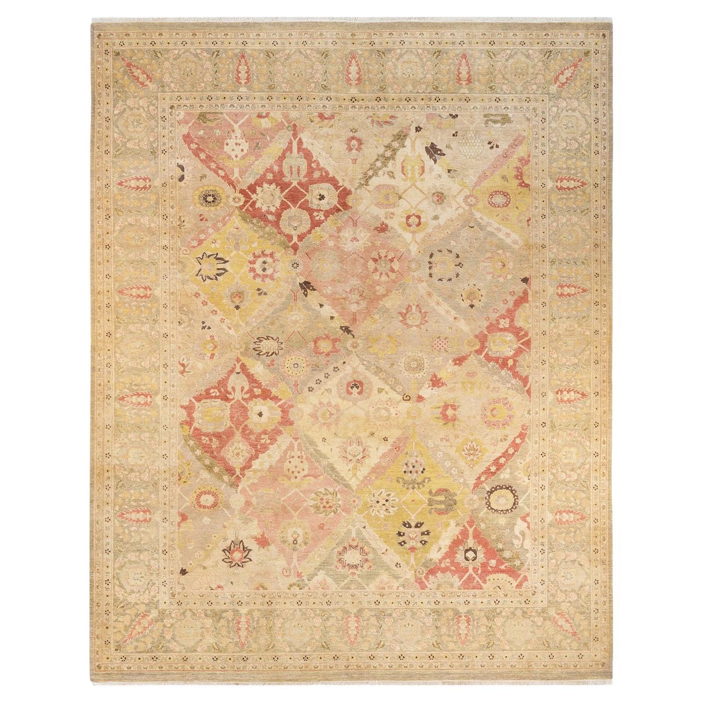 One-Of-A-Kind Hand Knotted Geometric Eclectic Green Area Rug For Sale
