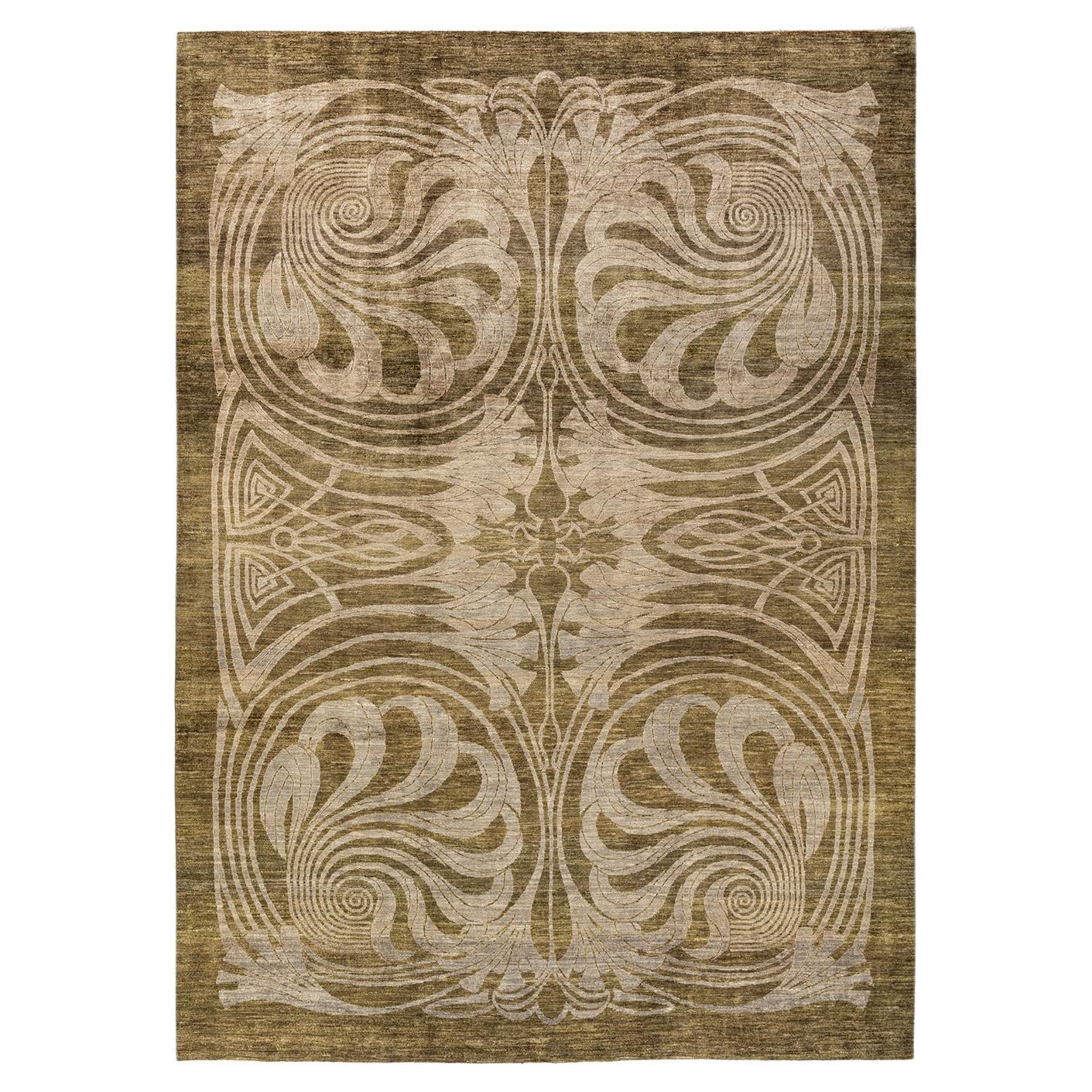 One-of-a-kind Hand Knotted Geometric Eclectic Green Area Rug For Sale