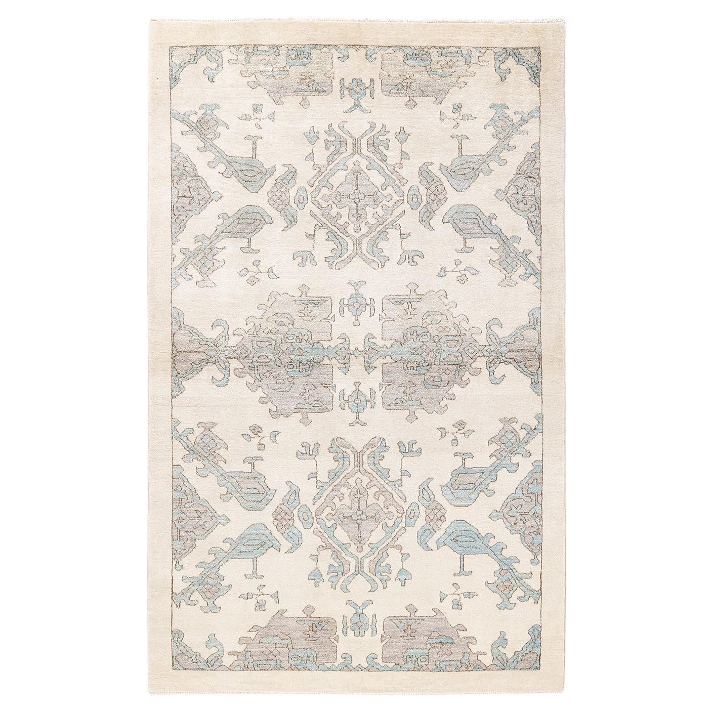 One-of-a-kind Hand Knotted Geometric Eclectic Ivory Area Rug For Sale