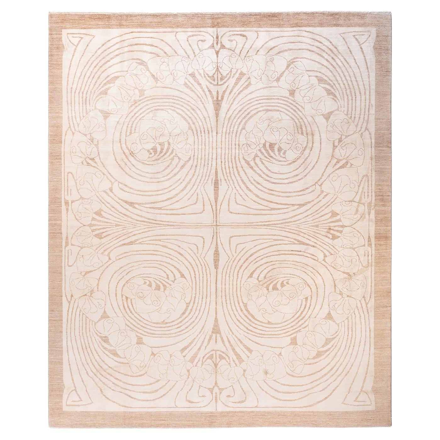 One-of-a-kind Hand Knotted Geometric Eclectic Ivory Area Rug For Sale