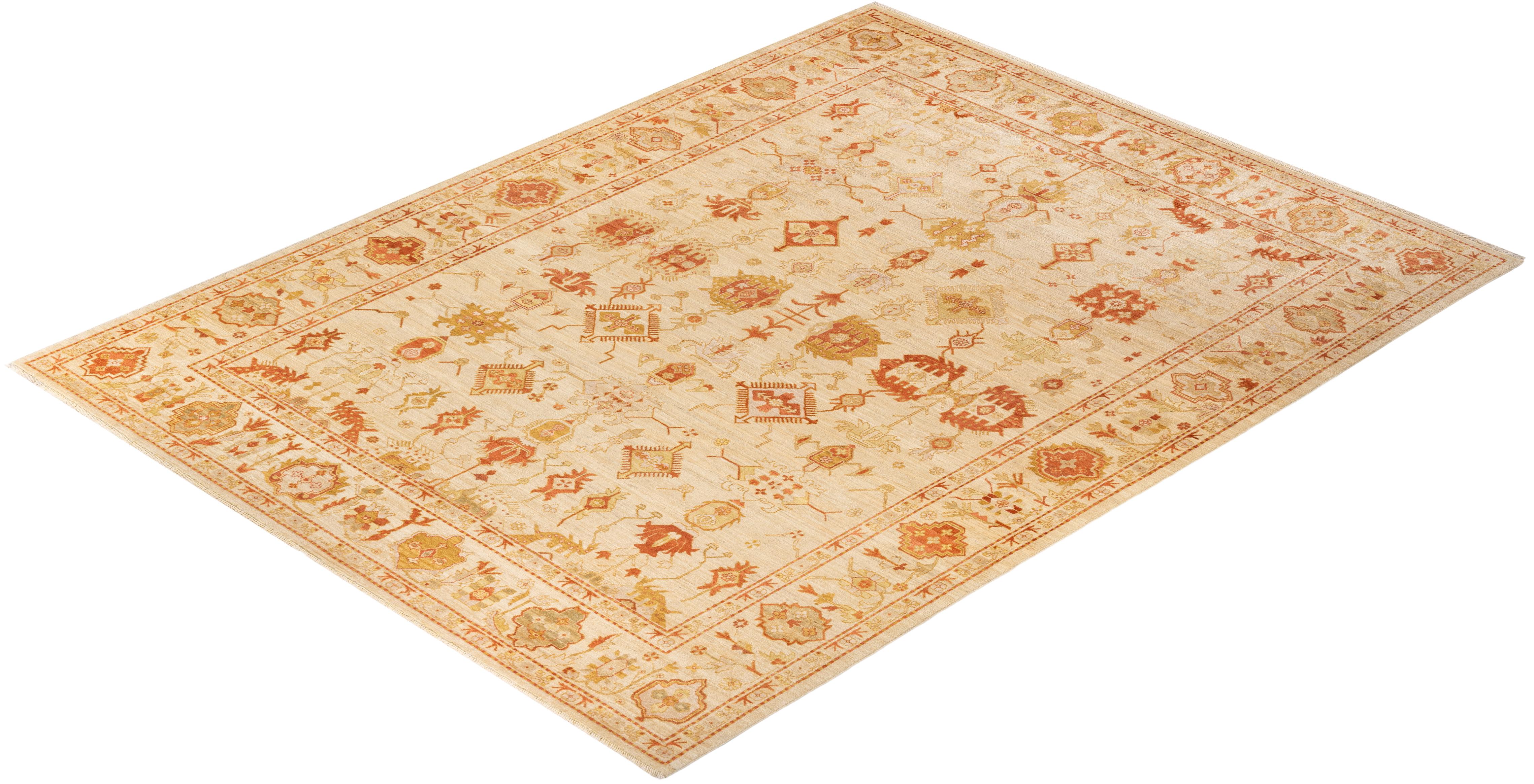 One-of-a-kind Hand Knotted Geometric Eclectic Ivory Area Rug For Sale 2