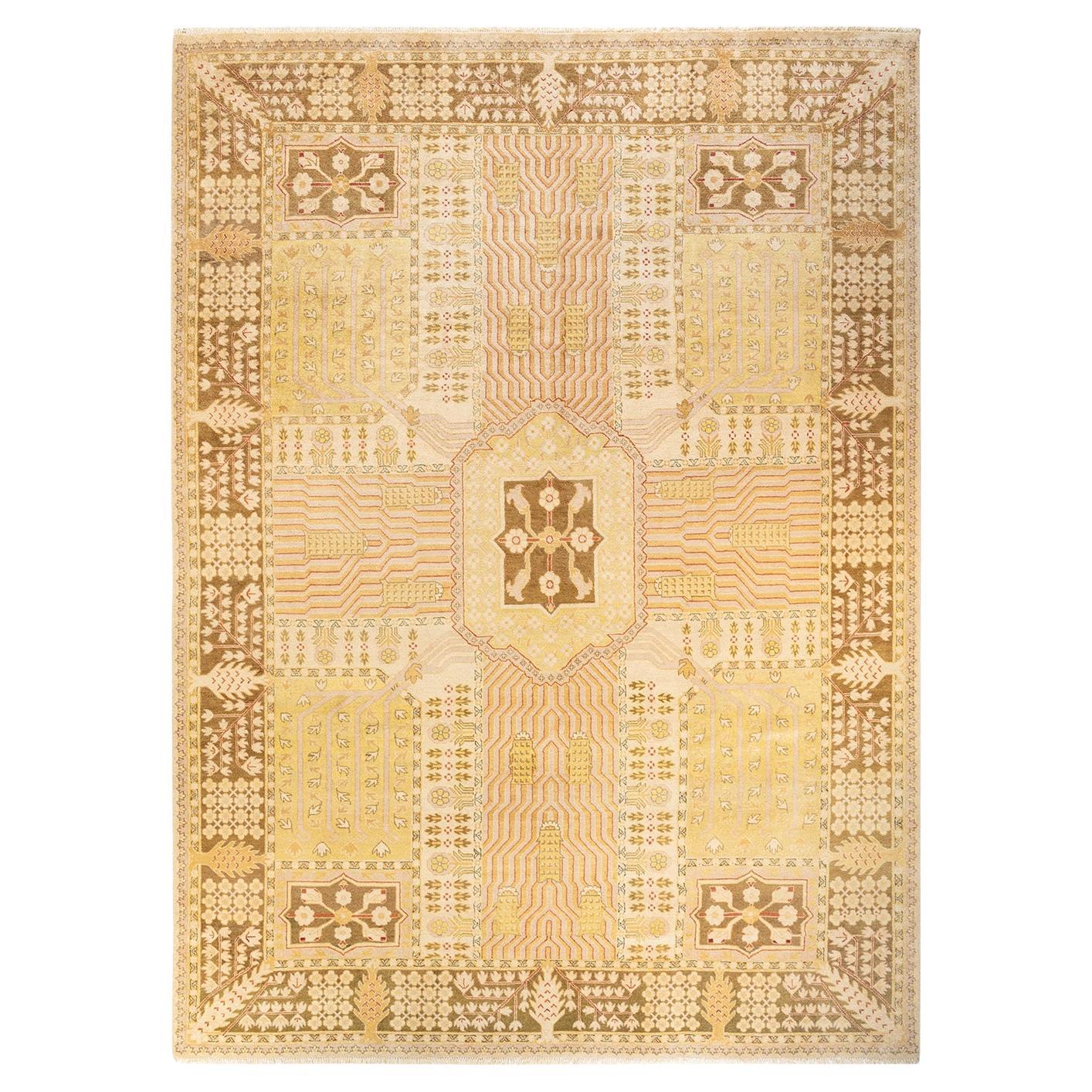 OneOfAKind Hand Knotted Geometric Eclectic Ivory Area Rug 9' 7" x 12' 7" For Sale at 1stDibs
