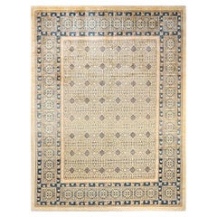One-Of-A-Kind Hand Knotted Geometric Eclectic Ivory Area Rug 9' 7" x 12' 7"