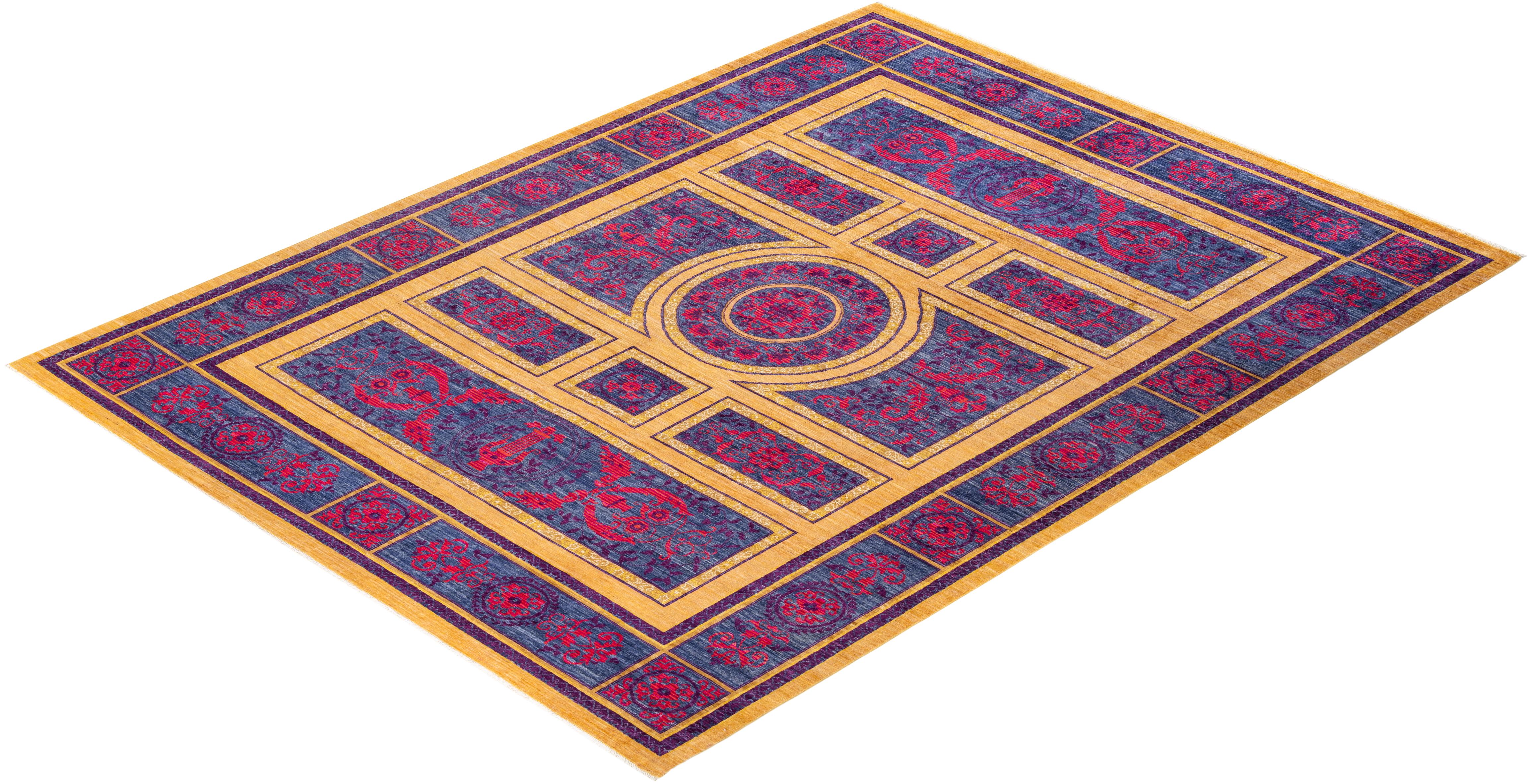 One-of-a-kind Hand Knotted Geometric Eclectic Yellow Area Rug For Sale 2