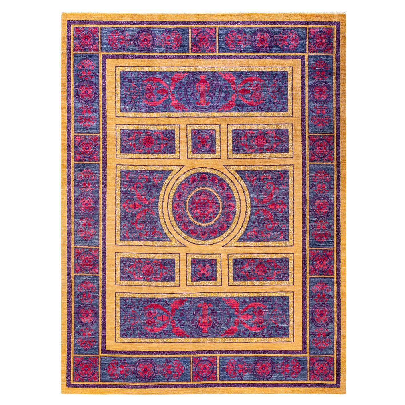 One-of-a-kind Hand Knotted Geometric Eclectic Yellow Area Rug For Sale