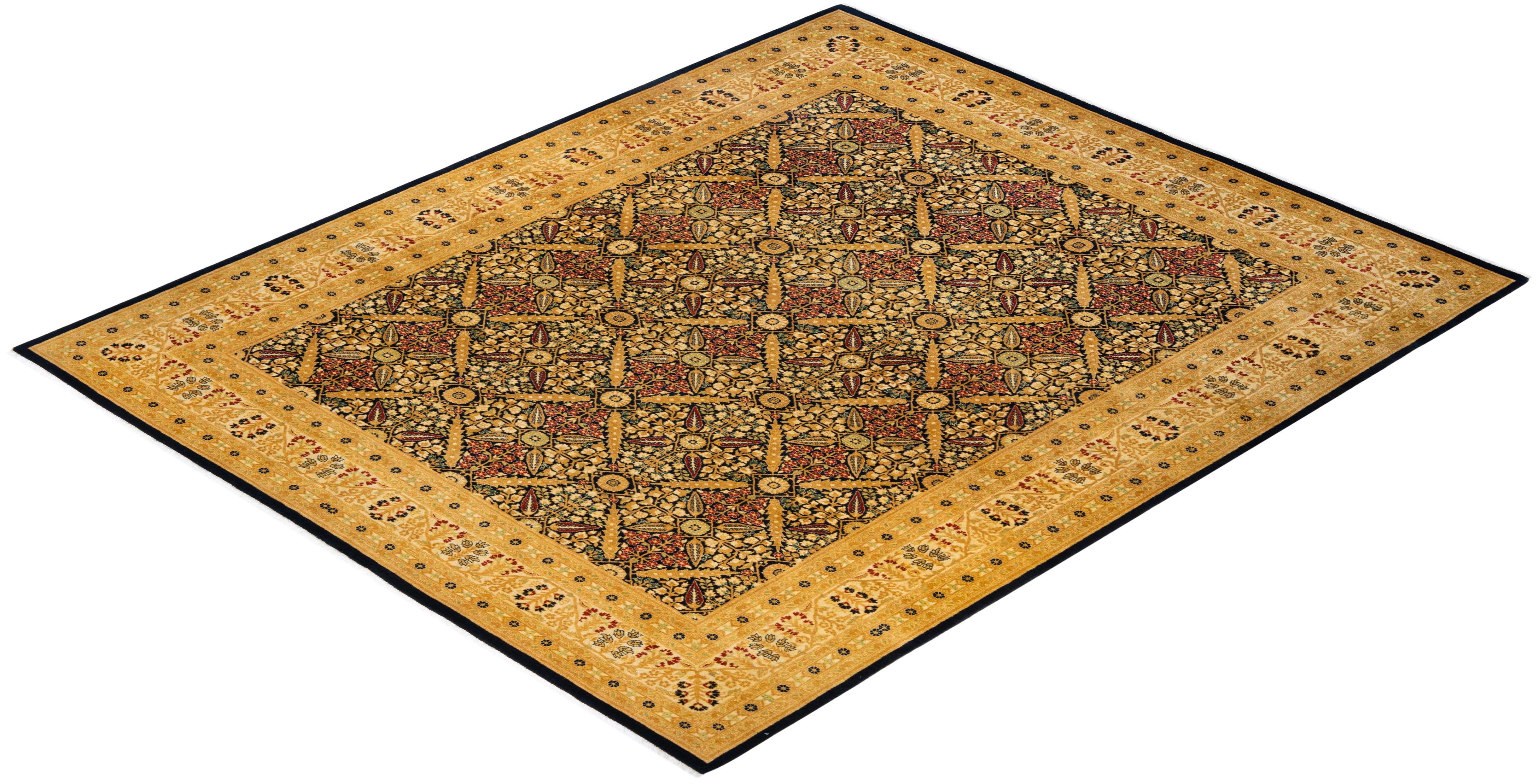 Handgeknüpfter geometrischer Mogul-Blauer Teppich, Unikat im Angebot 2