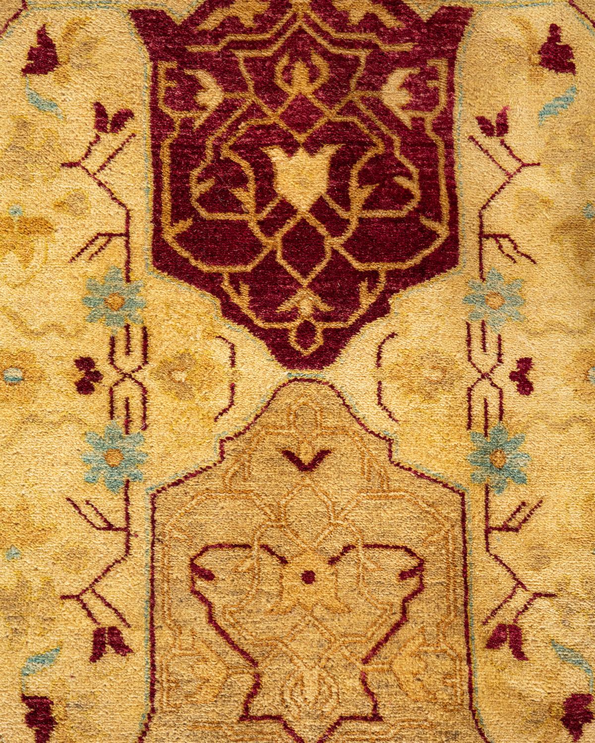 Pakistani One-Of-A-Kind Hand Knotted Geometric Mogul Ivory Area Rug For Sale