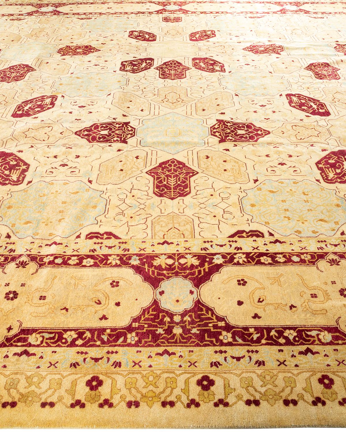 One-Of-A-Kind Hand Knotted Geometric Mogul Ivory Area Rug In New Condition For Sale In Norwalk, CT