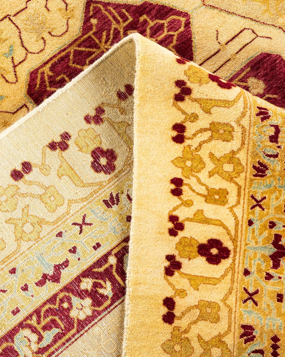 Wool One-Of-A-Kind Hand Knotted Geometric Mogul Ivory Area Rug For Sale