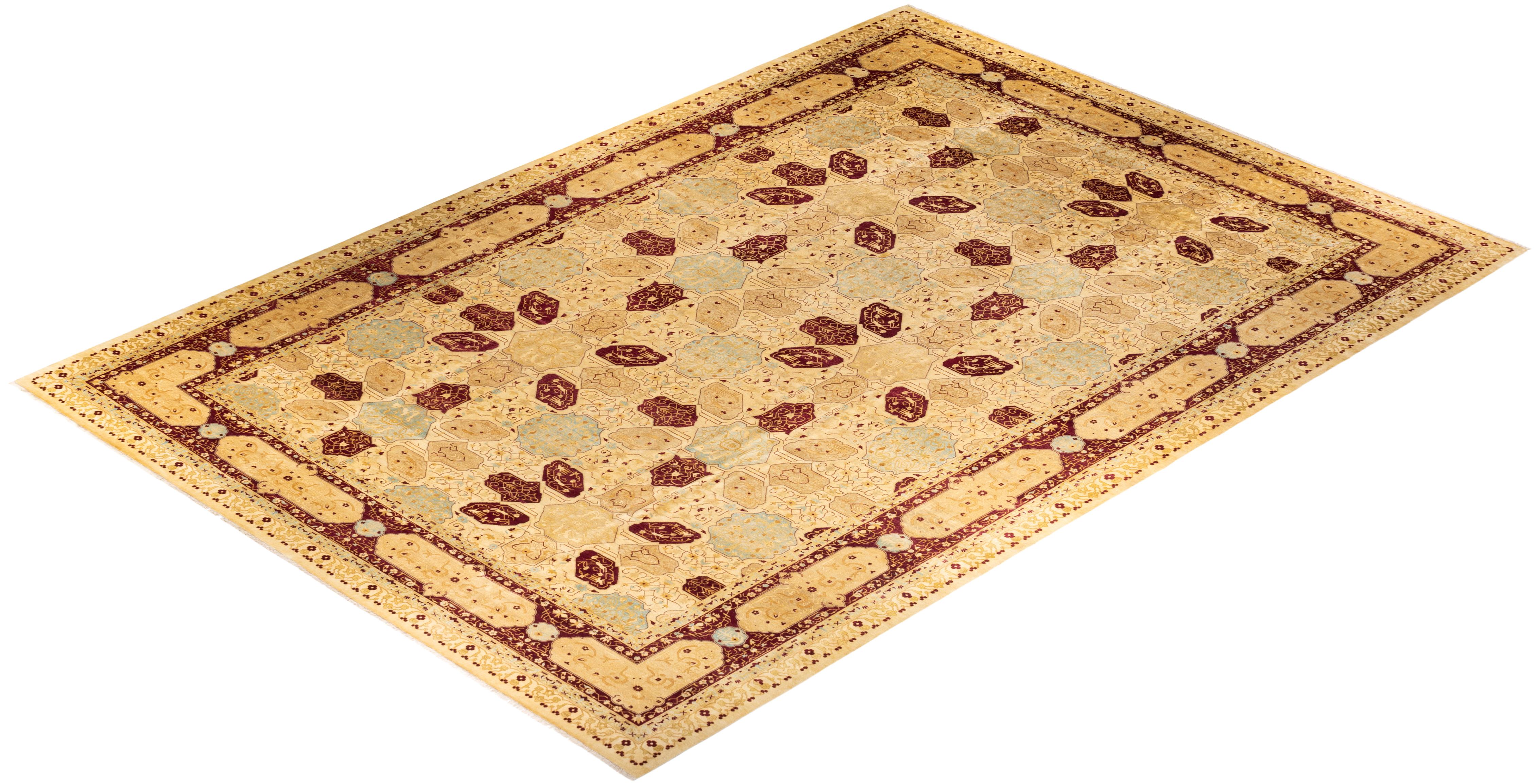 One-Of-A-Kind Hand Knotted Geometric Mogul Ivory Area Rug For Sale 2