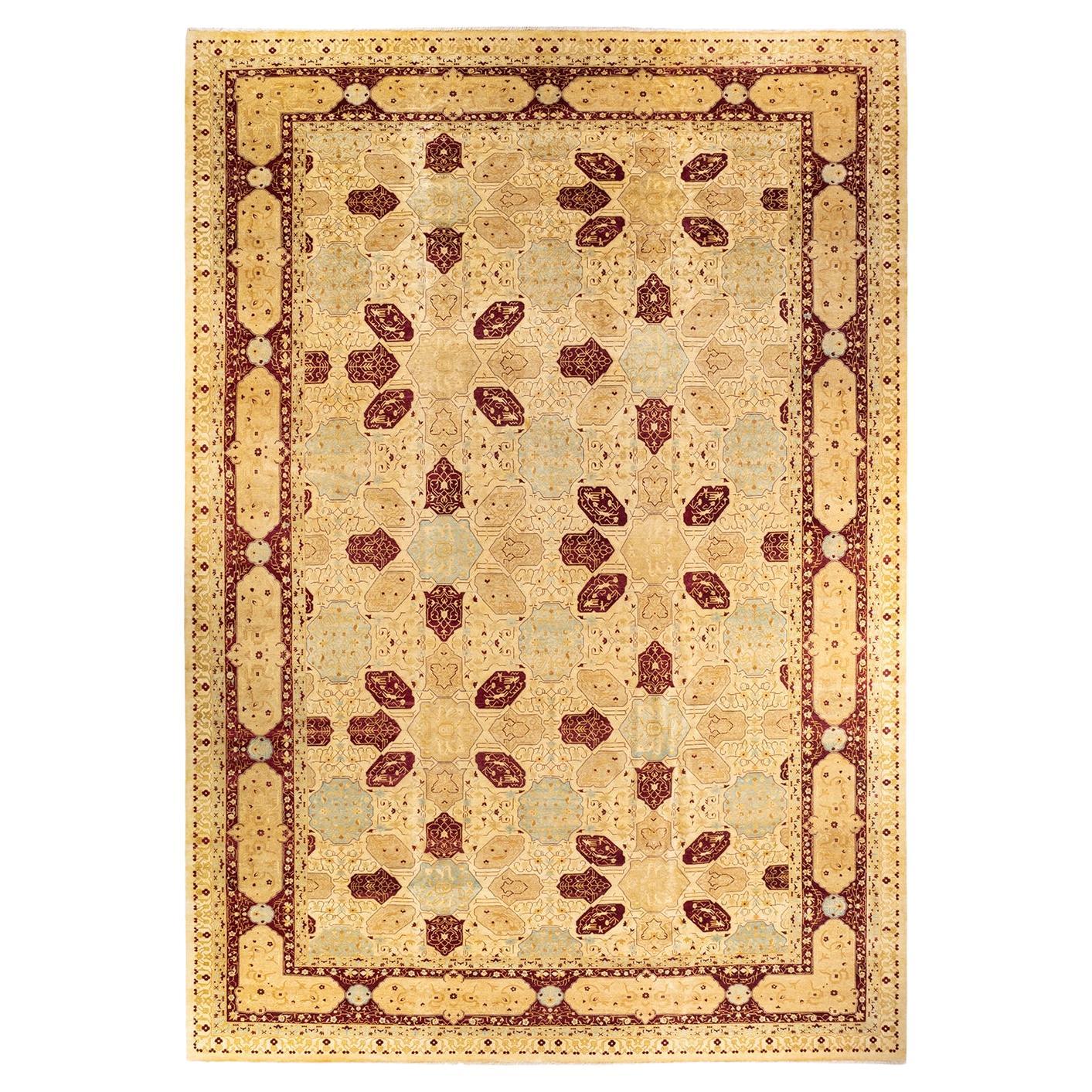 One-Of-A-Kind Hand Knotted Geometric Mogul Ivory Area Rug