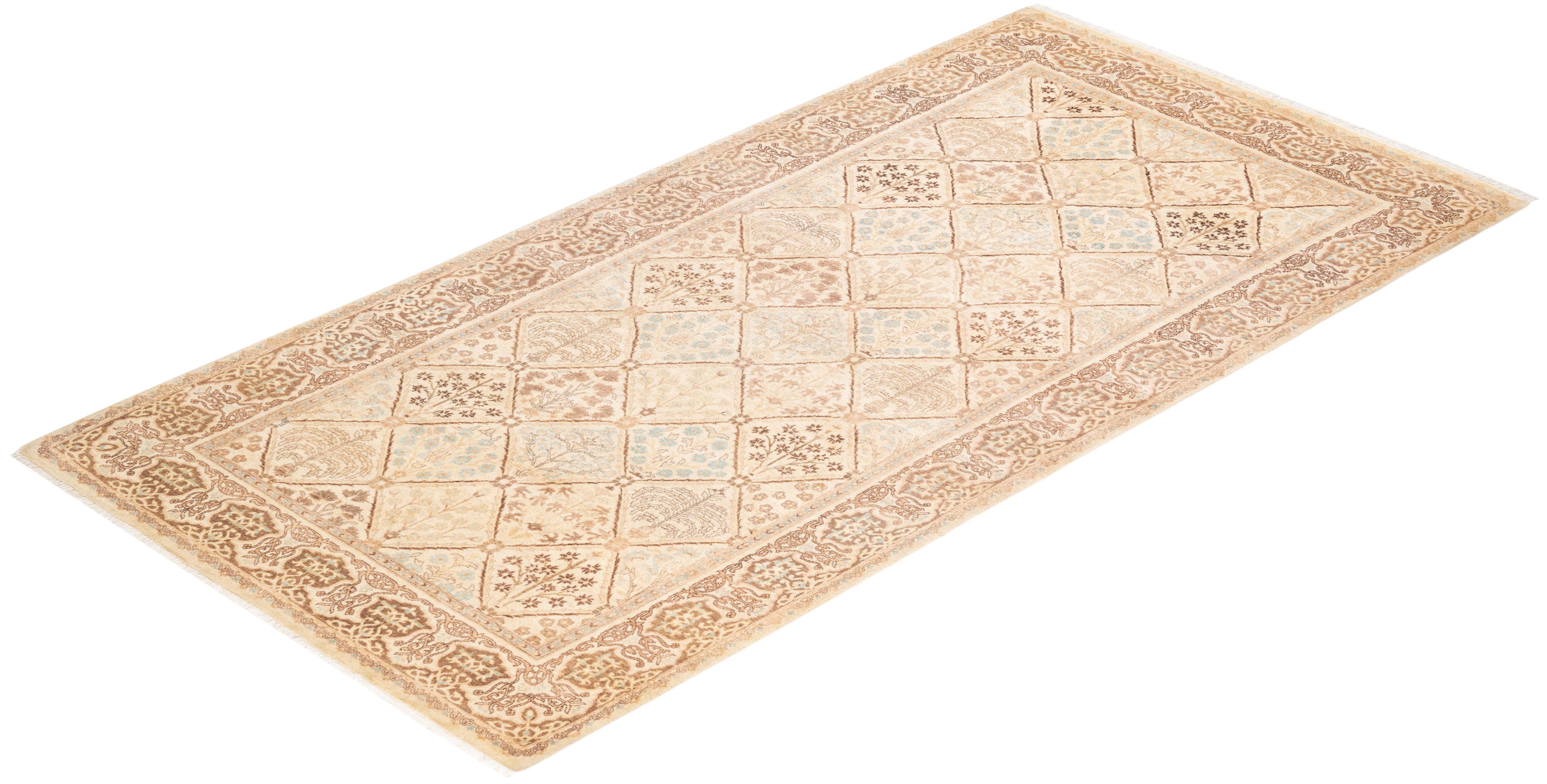 One-of-a-kind Hand Knotted Geometric Mogul Ivory Area Rug For Sale 2