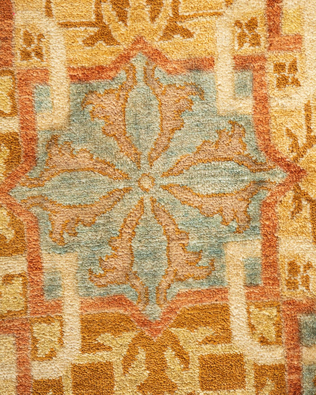 Pakistani One-of-a-Kind Hand Knotted Geometric Mogul Ivory Area Rug For Sale