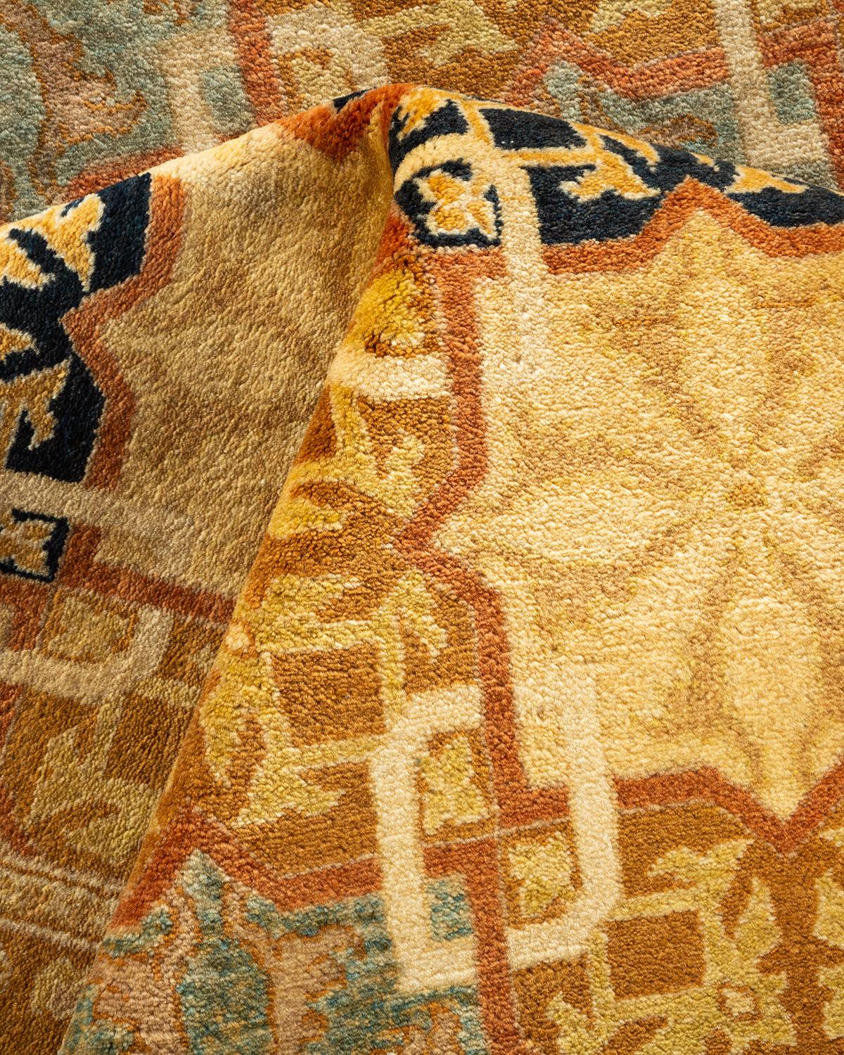 One-of-a-Kind Hand Knotted Geometric Mogul Ivory Area Rug For Sale 1