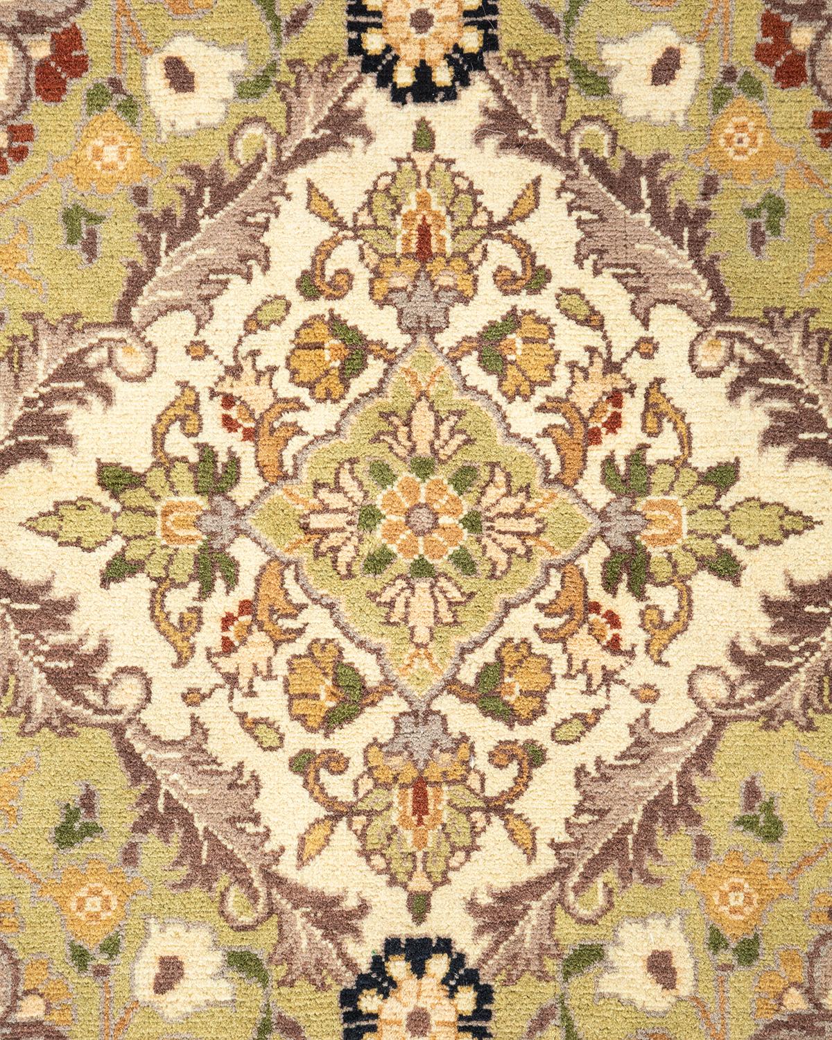 Pakistani One-of-a-kind Hand Knotted Geometric Mogul Ivory Area Rug For Sale