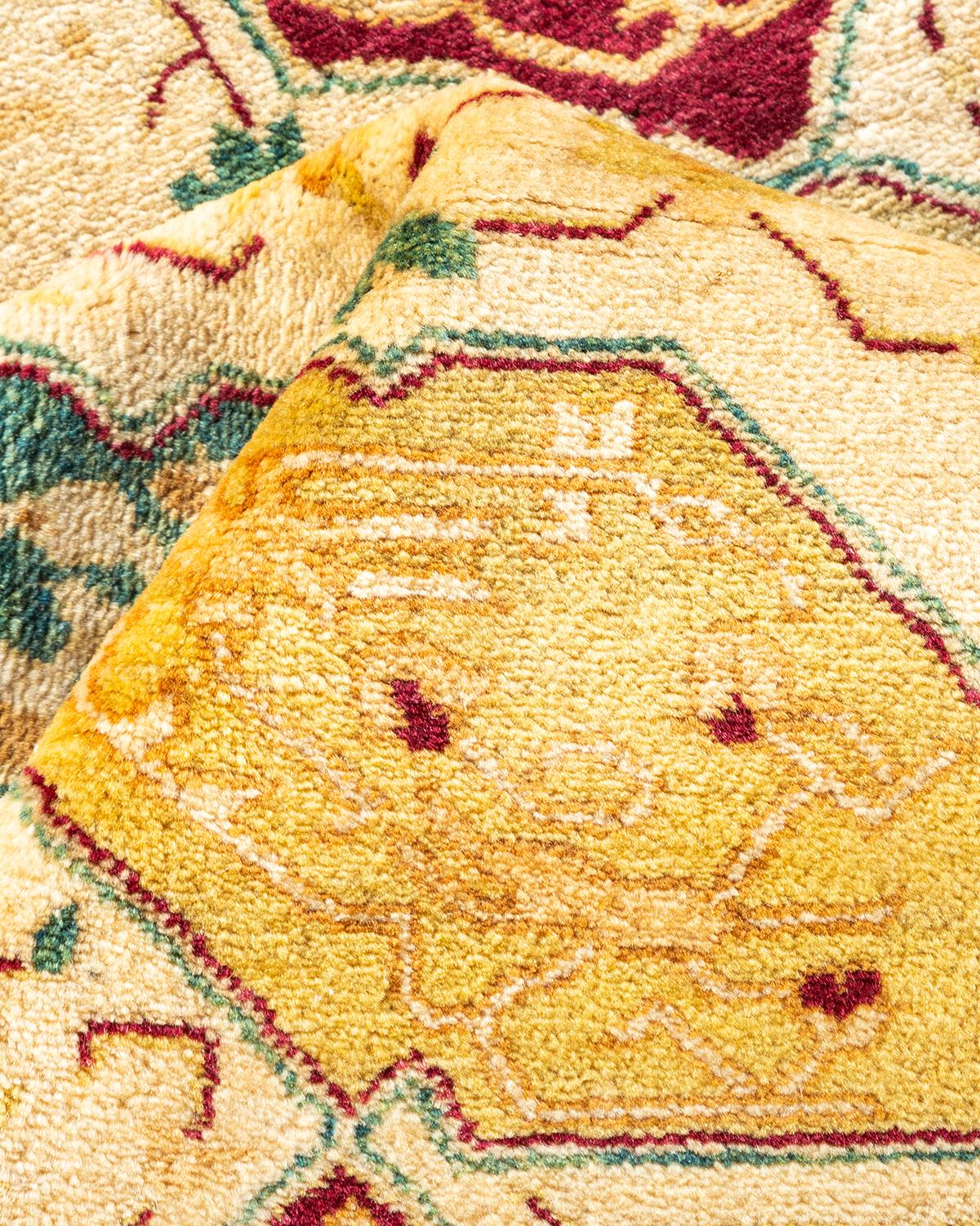Handgeknüpfter geometrischer Mogul Elfenbeinfarbener Teppich, Unikat im Angebot 1