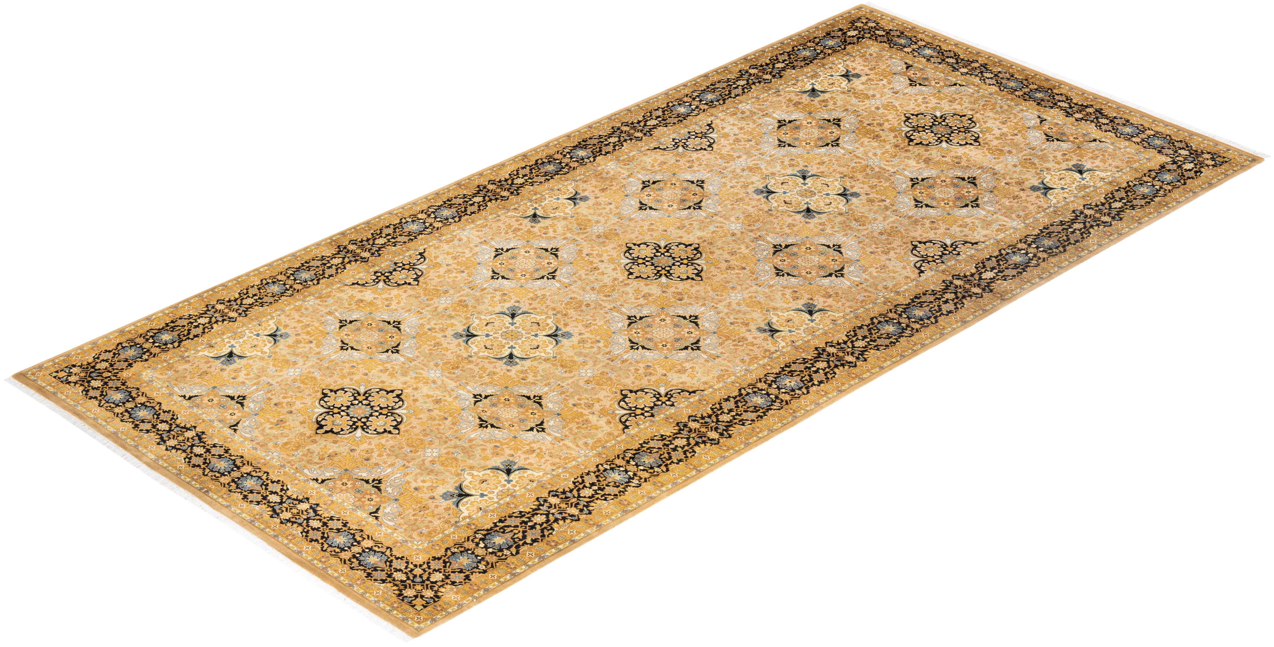 One-Of-A-Kind Hand Knotted Geometric Mogul Yellow Area Rug For Sale 2